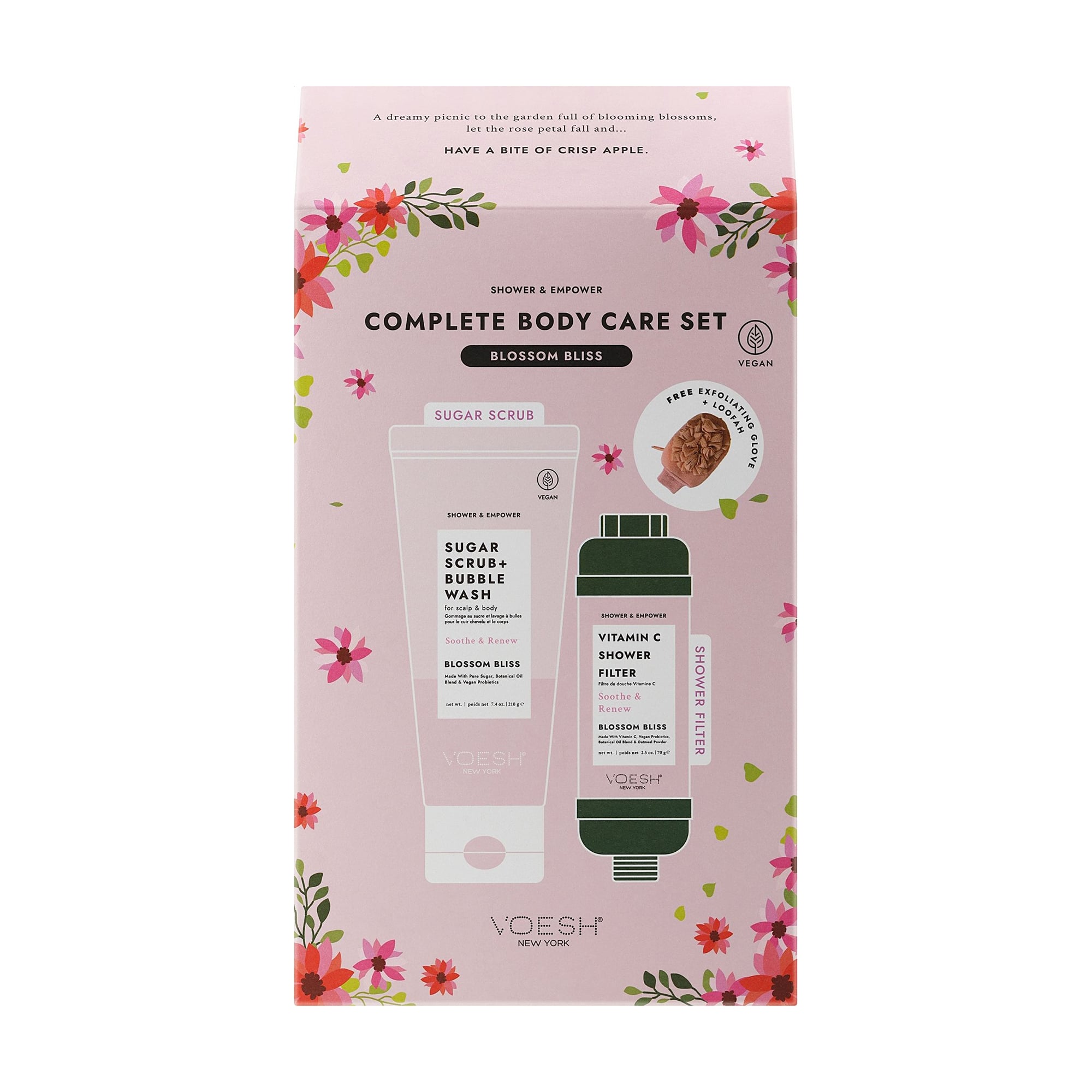 Набір для тіла VOESH Complete Body Care Set Blossom Bliss (скраб для тіла, 210 г + фільтр для душу, 70 г + рукавичка з люфи, 1 шт)